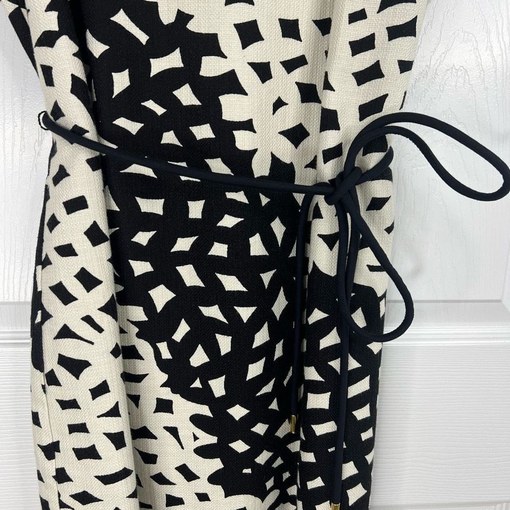 Talbots Cream Black Short Sleeve Belted Geometric Sheath Midi Dress Size 10 - Picture 4 of 13